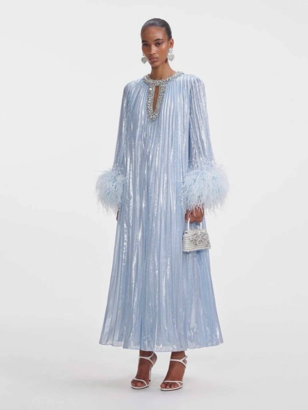 Self-Portrait Blue Metallic Chiffon Feather Midi Dress